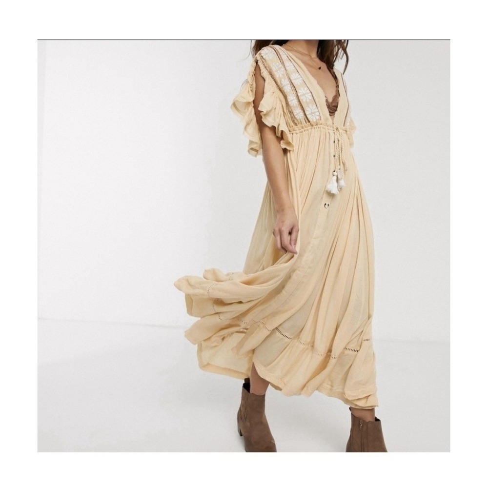 Free People Midi Dress S Will Wait For You Boho Flowy Oversized Embroidered